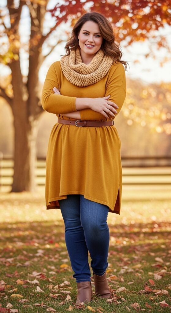 15 Plus Size Cozy Fall Outfits Curvy Women Will Love 7 Soft Tunic & Skinny Jeans