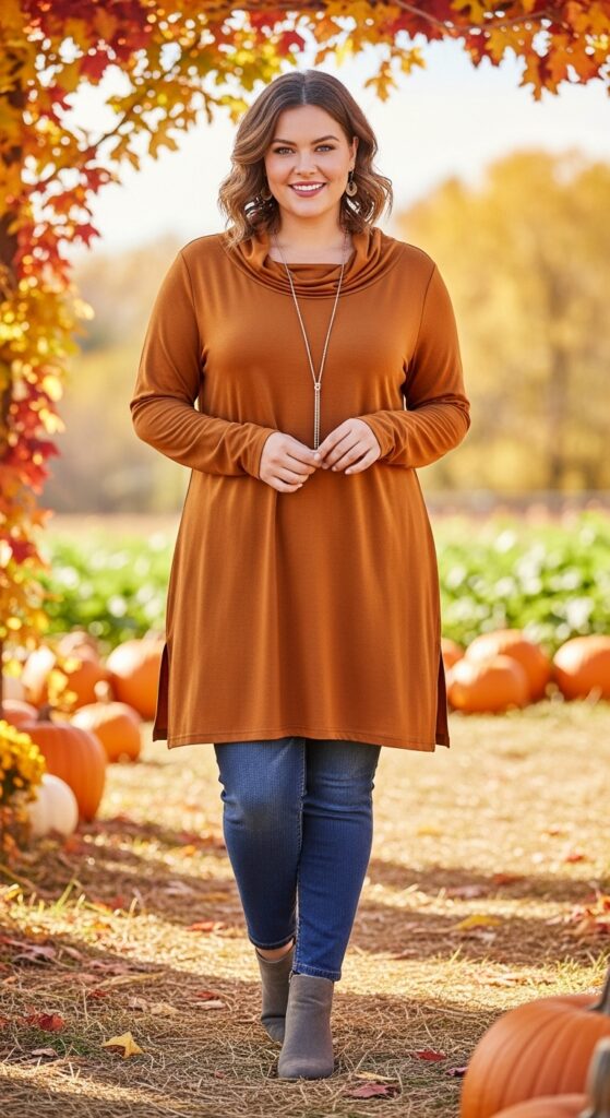 14 Plus Size Comfy Fall Outfits That Are Big on Style 7 Soft Tunic & Skinny Jeans