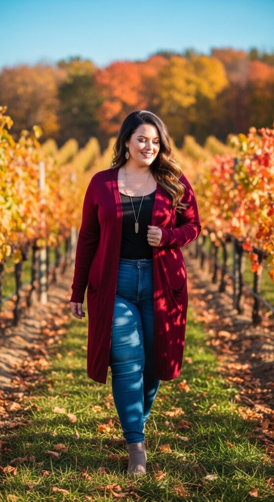 15 Plus Size Fall Winery Outfits for an Unforgettable Autumn Day 7 Statement Cardigan Layer