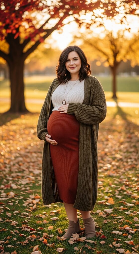 15 Plus Size Fall Maternity Outfits Curvy Women Will Love 6 Stretchy Midi Skirt & Fitted Knit Top
