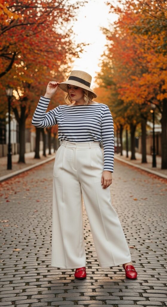 15 Plus Size Fall Aesthetic Outfits That Celebrate Your Curves & Creativity 13 Striped Breton & Wide-Leg Trousers