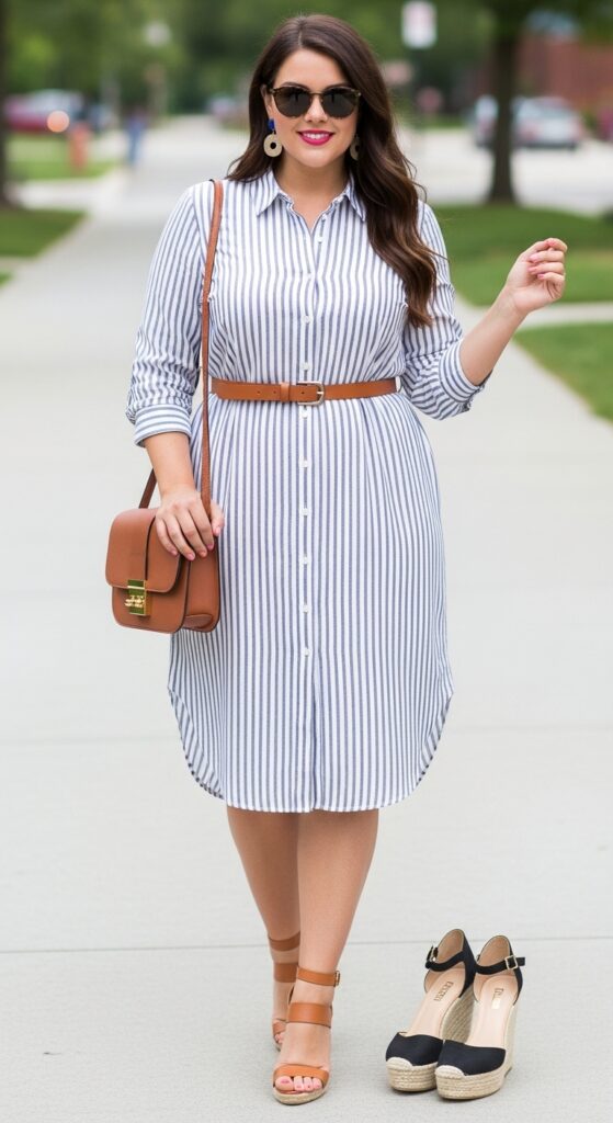 10 Chic Plus-Size Summer Work Outfits for Curvy Women 6 Striped Shirt Dress