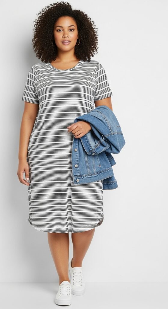 10 Cute Plus-Size Summer Outfits Curvy Women Will Love 12 Striped T-Shirt Dress
