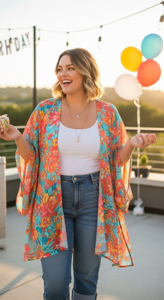 15 Stylish Plus Size Summer Birthday Outfits Curvy Women Will Love 16 Stylish Kimono and Tank Top
