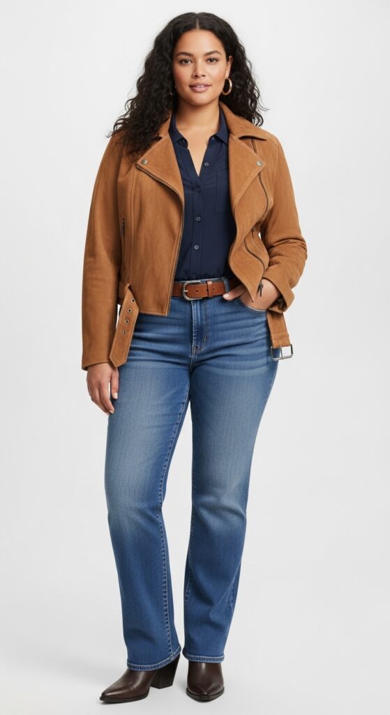 14 Plus Size Fall Western Outfits That Curvy Women Love 19 Suede Jacket and Denim Jeans