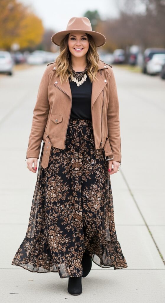14 Plus Size Fall Boho Outfits That Curvy Women Love 11 Suede Jacket and Maxi Skirt