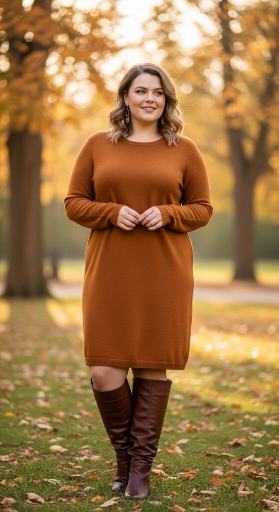 14 Plus Size Simple Fall Outfits Curvy Women Will Love 6 Sweater Dress & Boots