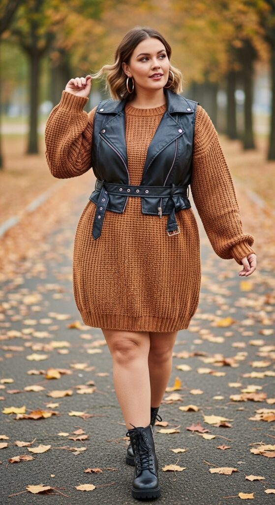 15 Plus Size Fall Dress Outfits That Celebrate Every Curve 6 Sweater Dress & Faux Leather Vest