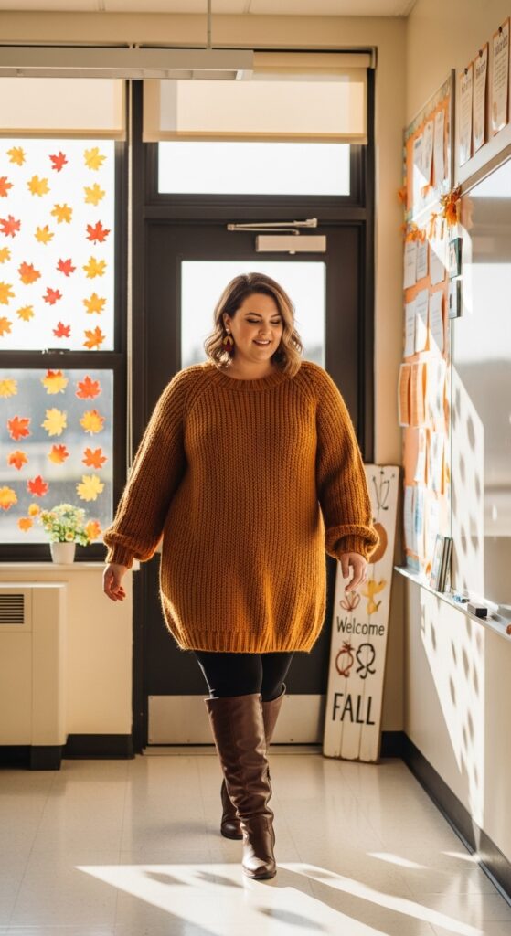 14 Plus Size Fall Teacher Outfits for the Stylish & Savvy Educator 14 Sweater Dress & Knee-High Boots