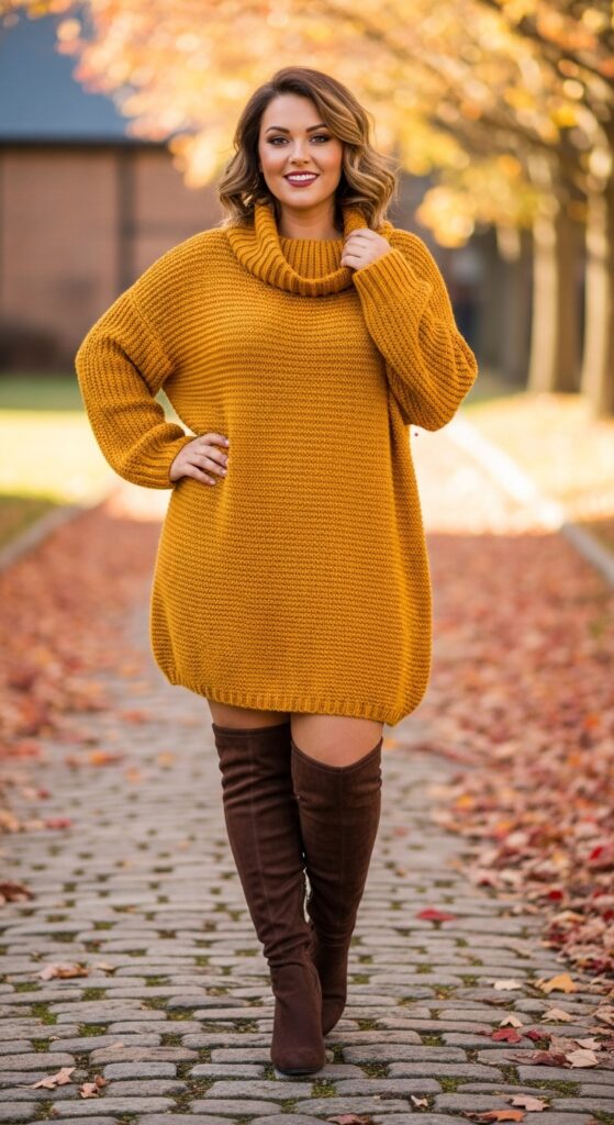 15 Plus Size Cozy Fall Outfits Curvy Women Will Love 9 Sweater Dress & Knee-High Boots