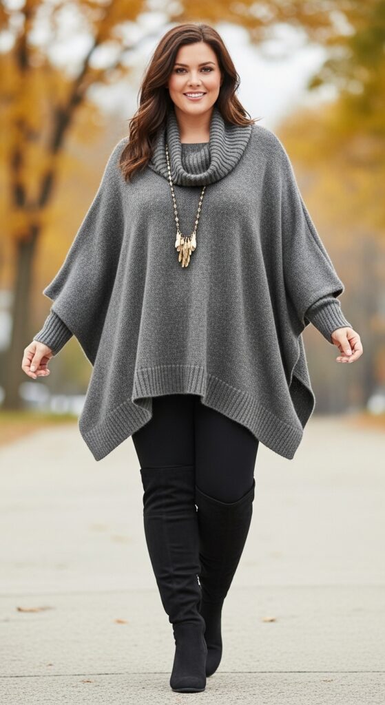 14 Chic and Cozy Plus Size Fall and Winter Outfits Every Curvy Woman Will Love 10 Sweater Poncho and Leggings