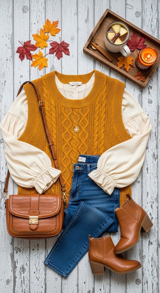 14 Plus Size Fall Transition Outfits to Master Every Temperature Swing 11 Sweater Vest & Blouse Combo