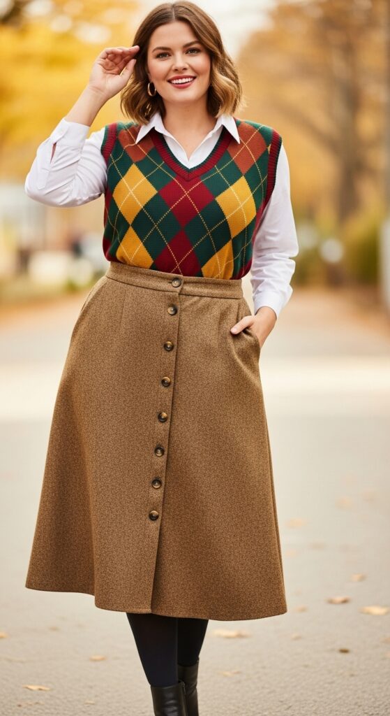 14 Plus Size Fall Vest Outfits Curvy Women Will Love 11 Sweater Vest & Button-Front Skirt