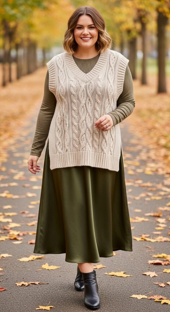 14 Plus Size Fall Outfits That Celebrate Your Curves in Every Autumn Adventure 16 Sweater Vest + Midi Skirt
