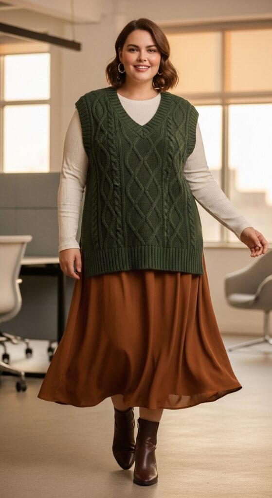 12 Plus Size Fall Office Outfits That Blend Confidence & Professionalism 11 Sweater Vest + Midi Skirt