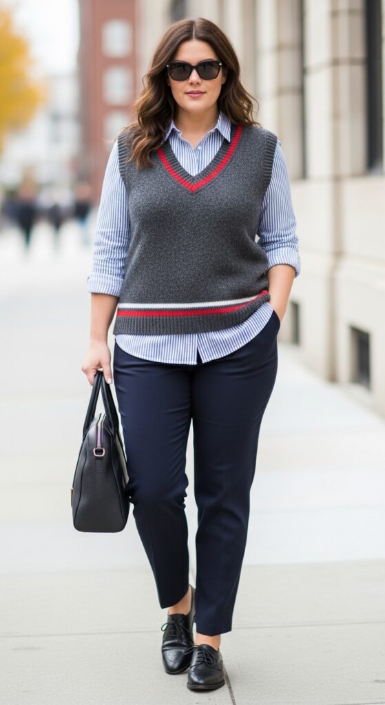 12 Plus Size Fall Professional Outfits Curvy Women Love 28 Sweater Vest and Tailored Pants