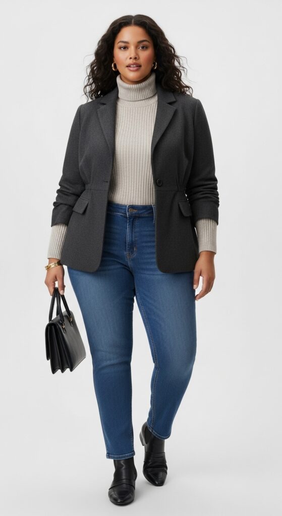 15 Chic and Casual Plus Size Fall Outfits Every Curvy Woman Will Love 3 Tailored Blazer Over a Turtleneck