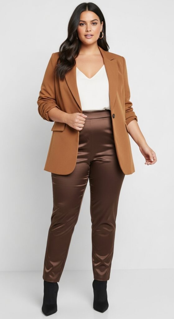 14 Chic and Cozy Plus Size Date Night Fall Outfits Every Curvy Woman Will Love 7 Tailored Blazer and Satin Pants