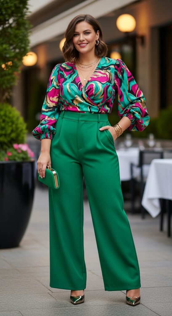 15 Stylish Plus Size Summer Birthday Outfits Curvy Women Will Love 9 Tailored Pants and a Bold Blouse