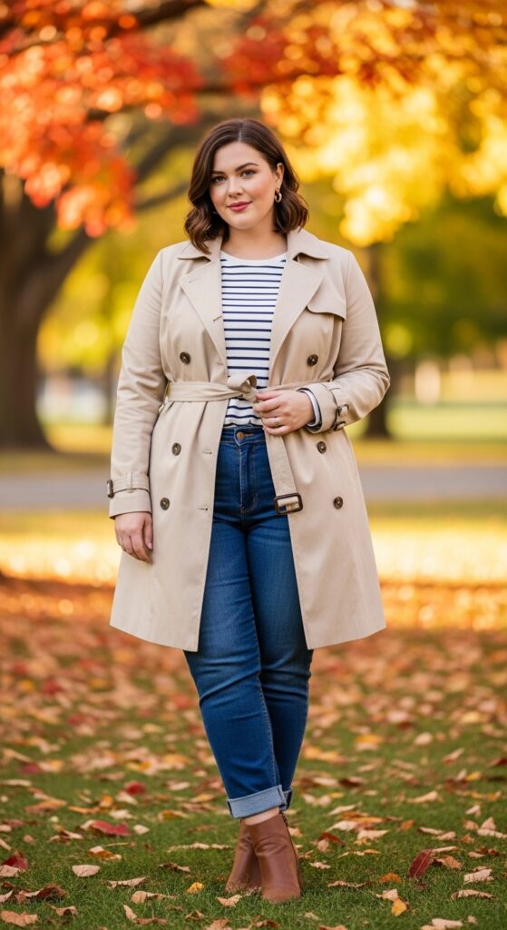 12 Plus Size Fall Photo Outfits That Make Your Curves Shine 7 Tailored Trench Coat + Jeans
