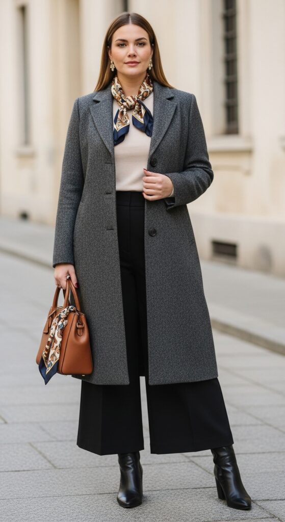 12 Plus Size Italian Fall Outfits That Curvy Women Love 16 Tailored Wool Coat and Wide-Legged Trousers