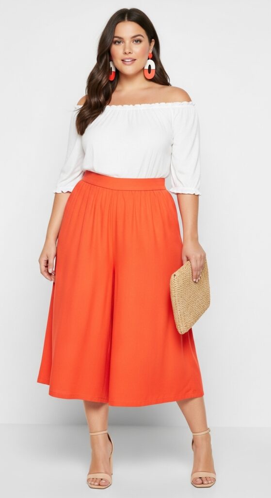 12 Plus Size Comfy Summer Outfits for Curvy Women 6 Tangerine Culottes and Off-Shoulder Top