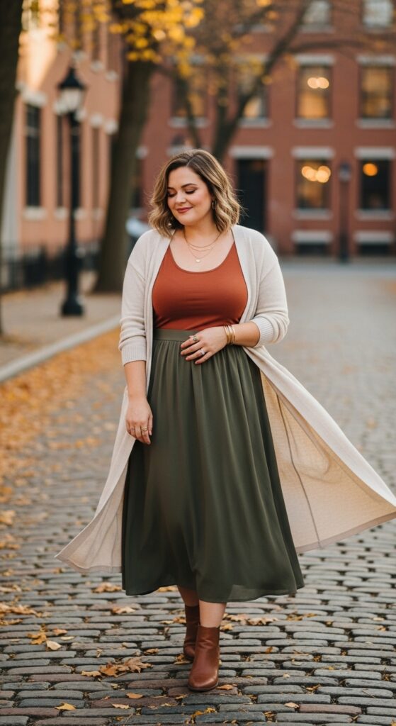 14 Plus Size Simple Fall Outfits Curvy Women Will Love 9 Tank Top & Midi Skirt