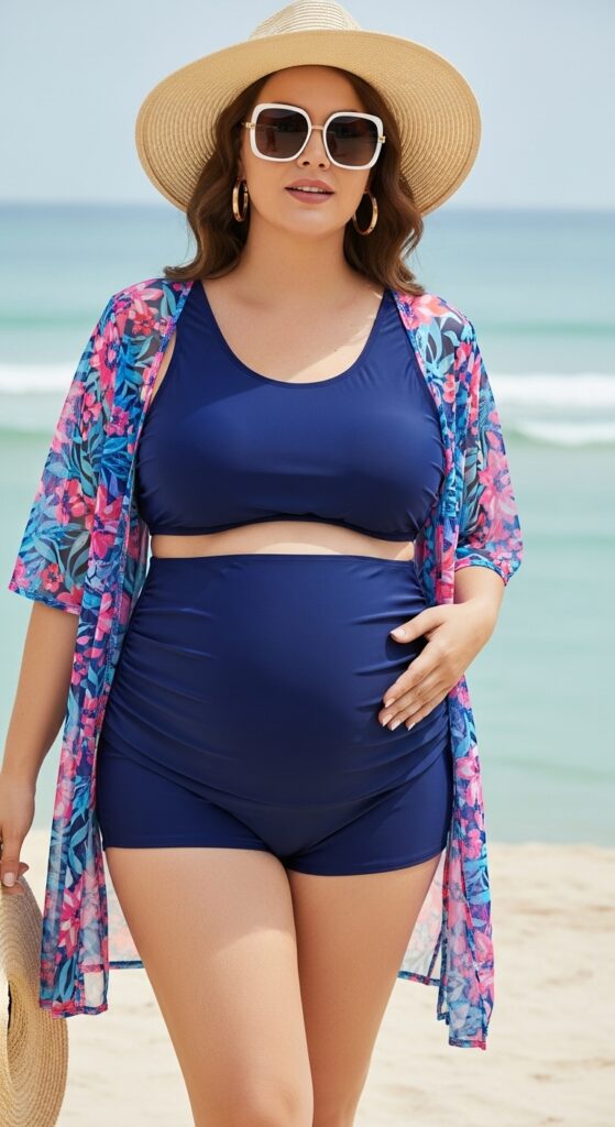 15 Stunning Plus Size Summer Pregnancy Outfits Every Curvy Mom-to-Be Will Love 9 Tankini Swimsuit with Sheer Cover-Up