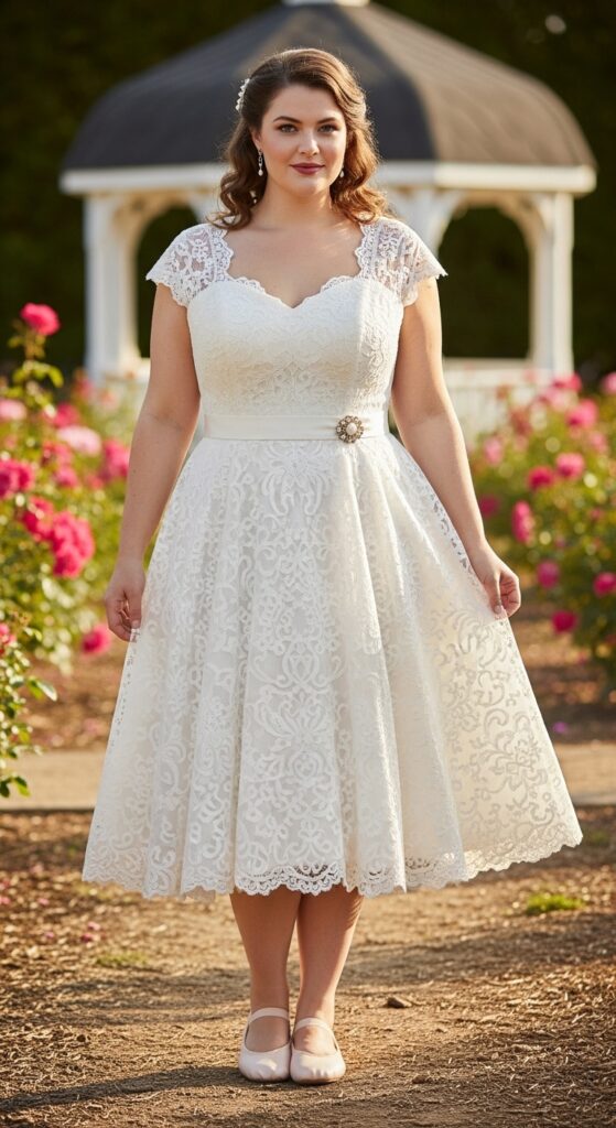 10 Stunning Plus Size Vintage Wedding Dresses for Curvy Brides 12 Tea-Length Lace Dress
