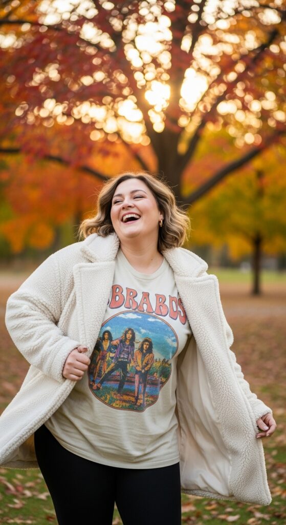 12 Plus Size Fall Photo Outfits That Make Your Curves Shine 14 Teddy Coat + Graphic Tee