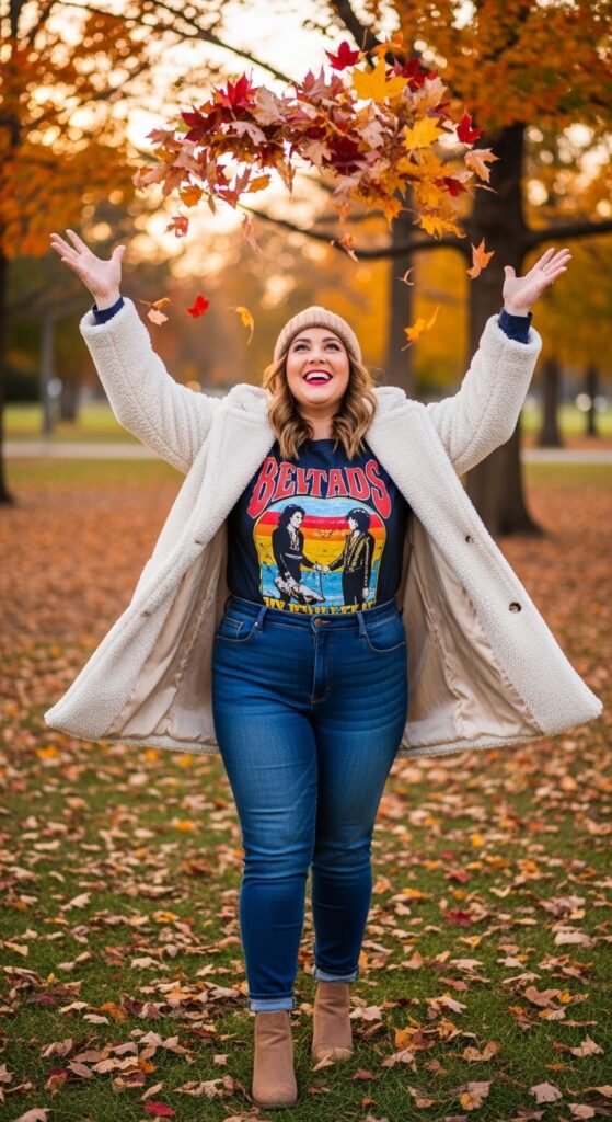 15 Plus Size Fall Family Photo Outfits That Celebrate Every Curve & Create Timeless Memories 5 Teddy Coat + Graphic Tee & Jeans