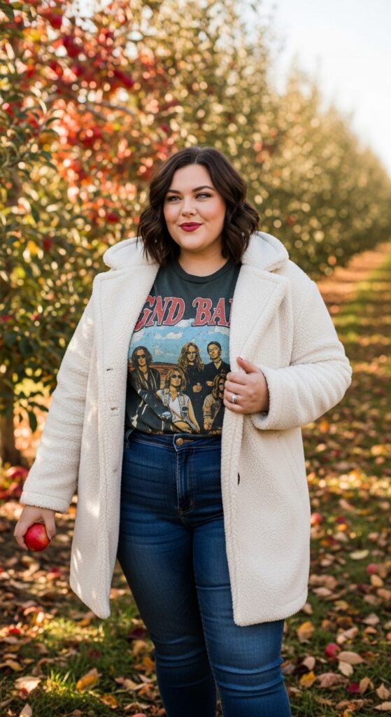 14 Plus Size Fall Outfits That Celebrate Your Curves in Every Autumn Adventure 6 Teddy Coat + Graphic Tee & Jeans