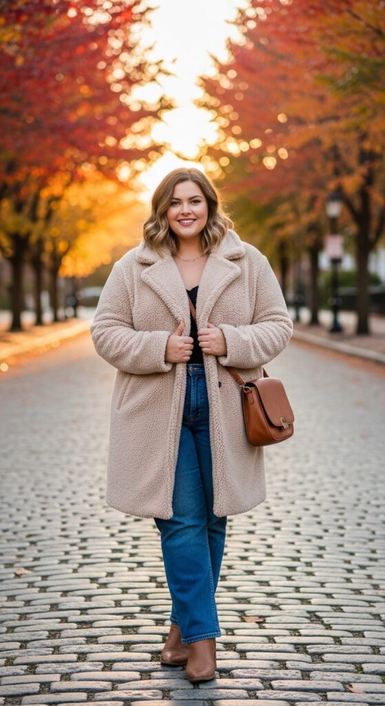 15 Stylish Plus Size Fall Outfits for Curvy Women to Rock This Season 10 Teddy Coat & Straight-Leg Jeans