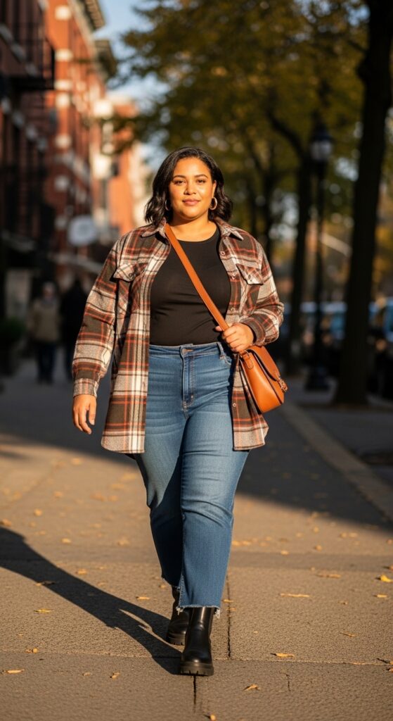 14 Plus Size Fall Transition Outfits to Master Every Temperature Swing 5 Tee Shirt & Unbuttoned Shirt