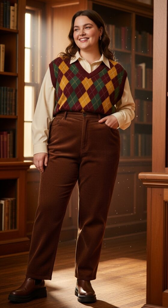 15 Plus Size Aesthetic Autumn Outfits for Expressive Style 9 The Argyle and Corduroy Combination