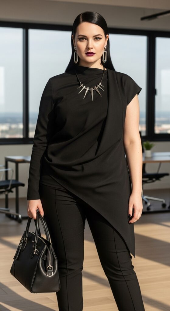 13 Plus Size Goth Fall Outfits for the Confident, Curvy Woman 9 The Asymmetrical Top and Trousers