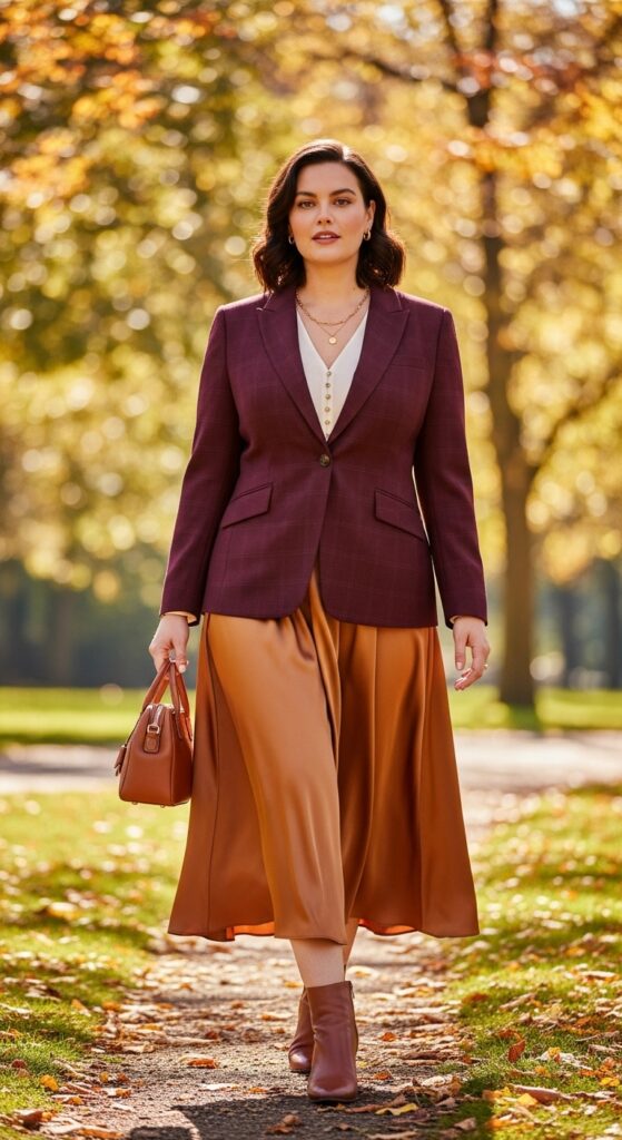 12 Plus Size Autumn Outfits for Effortless Style and Confidence 8 The Blazer and Silk Skirt Set