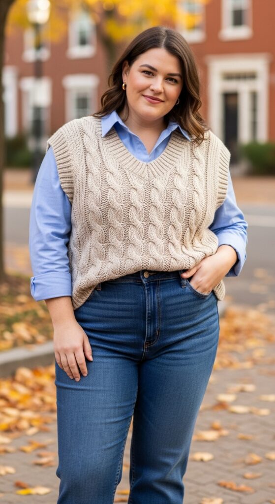 14 Plus Size Preppy Fall Outfits for Effortless, Polished Style 9 The Cable Knit Vest