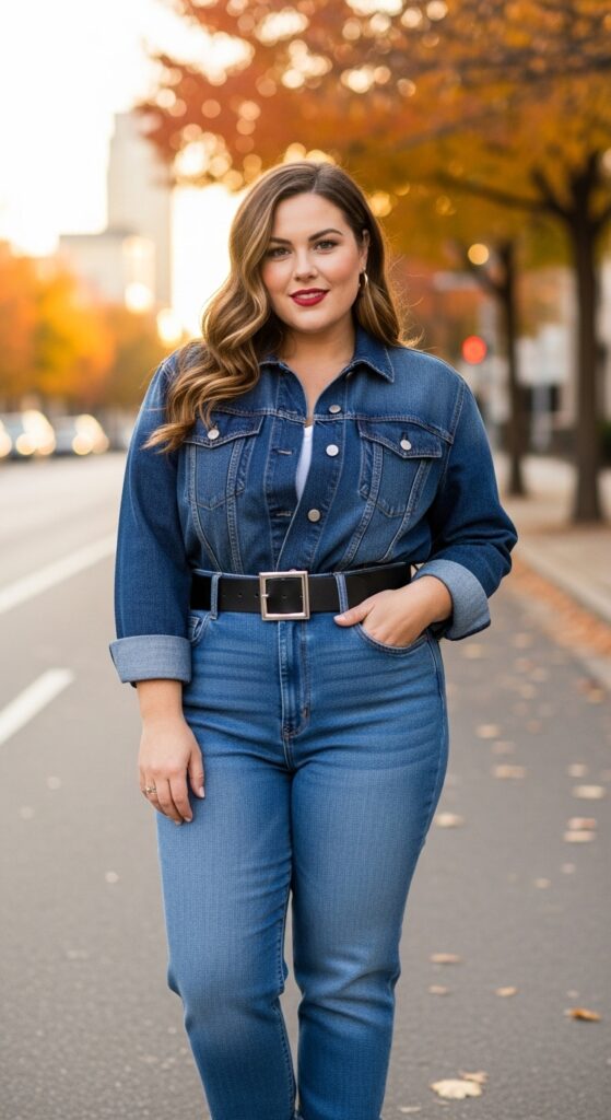 15 Plus Size Fall Inspiration Outfits to Ignite Your Style Confidence 14 The Canadian Tuxedo, Reborn