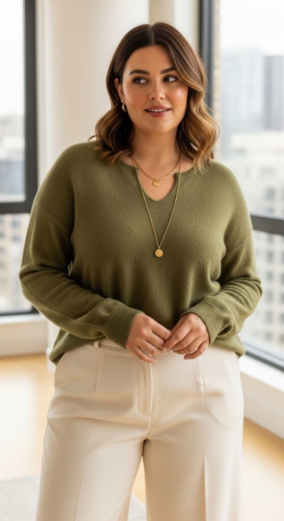 12 Plus Size Soft Autumn Outfits for Subtle, Radiant Style 7 The Cashmere Blend Ensemble