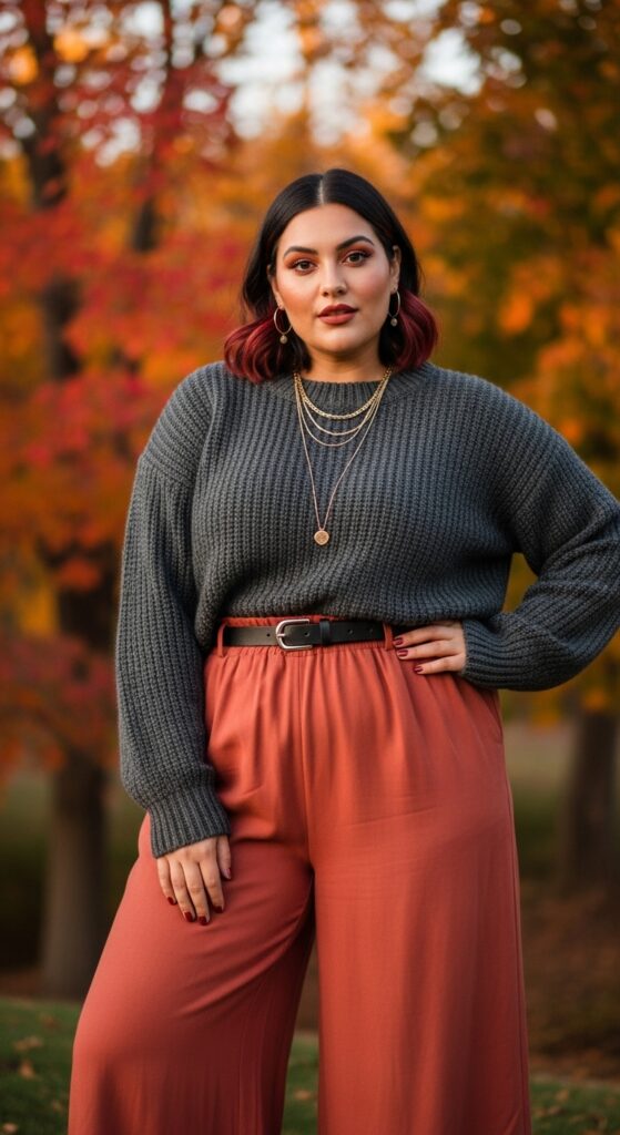 12 Plus Size Deep Autumn Outfits That Celebrate Your Rich Coloring 5 The Charcoal and Terracotta Combination