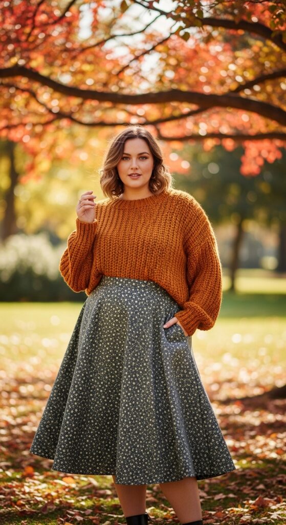 14 Plus Size Casual Autumn Outfits for Everyday Confidence 12 The Chunky Sweater and A-Line Skirt