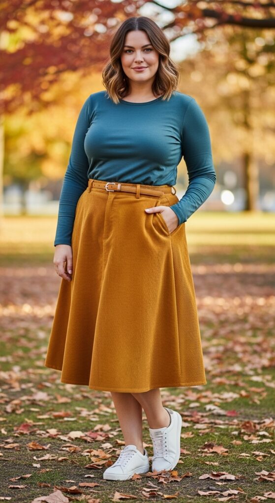12 Plus Size Autumn Skirt Outfits for Effortless Style and Confidence 6 The Corduroy A-Line Skirt