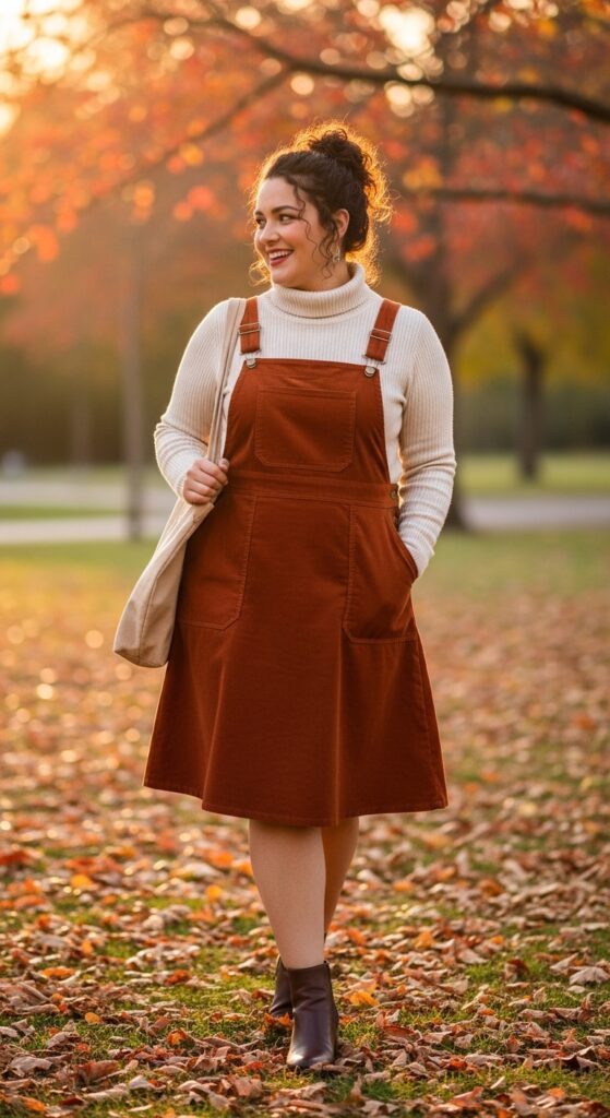 14 Plus Size Casual Autumn Outfits for Everyday Confidence 10 The Corduroy Pinafore and Turtleneck