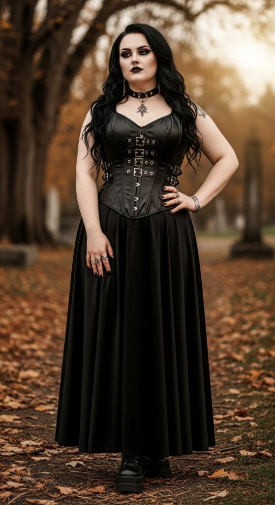 13 Plus Size Goth Fall Outfits for the Confident, Curvy Woman 6 The Corset Top and Circle Skirt