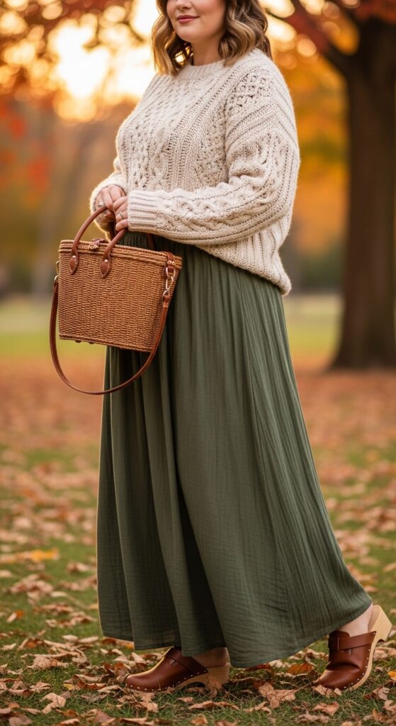 15 Plus Size Aesthetic Autumn Outfits for Expressive Style 6 The Cozy Knit and Maxi Skirt