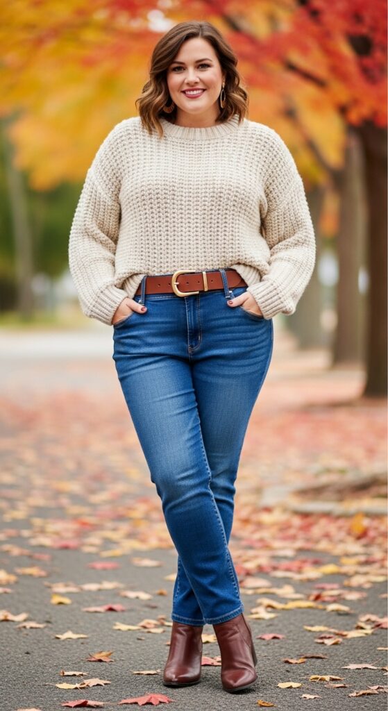12 Plus Size Autumn Outfits for Effortless Style and Confidence 5 The Cozy Sweater and Jeans Combo