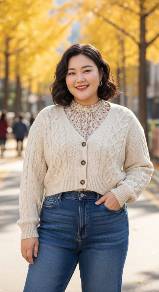 12 Plus Size Korean Autumn Outfits for Modern Curvy Style 6 The Cropped Cardigan and High-Waisted Jeans