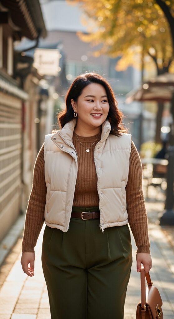 12 Plus Size Korean Autumn Outfits for Modern Curvy Style 15 The Cropped Puffer Vest