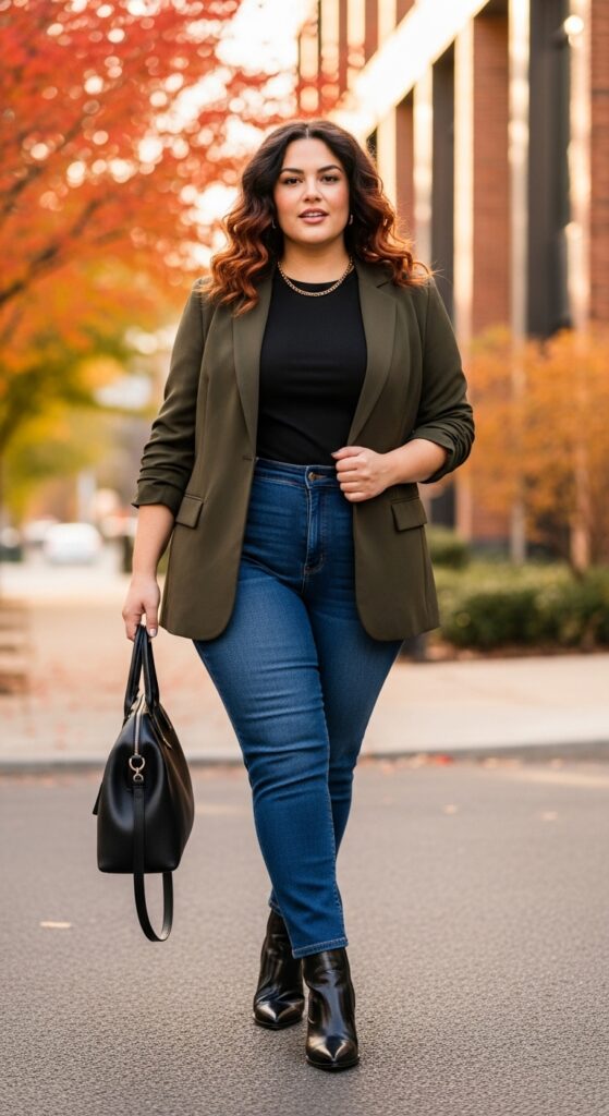 14 Plus Size Autumn Work Outfits for Professional Confidence 7 The Dark Denim and Blazer Look